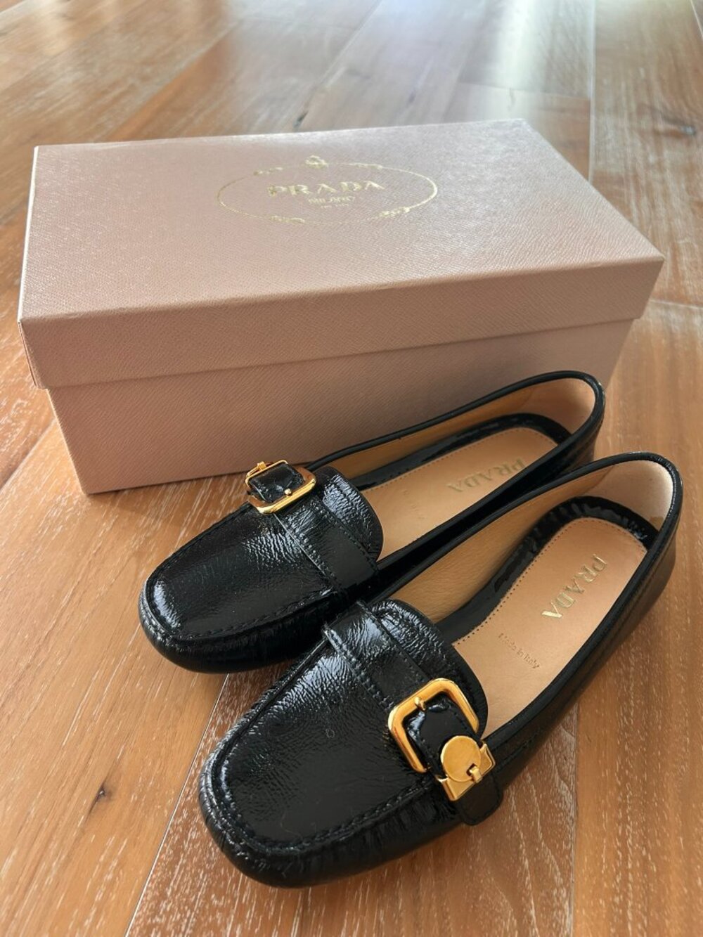 Prada Black Patent Leather Gold Buckle Loafers EU 36.5 - Picture 4 of 16
